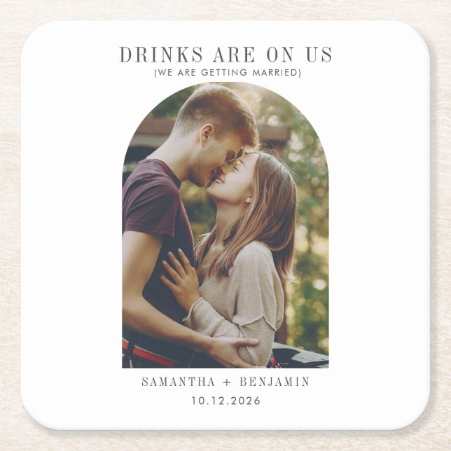 Modern Funny Photo Keepsake Save the Date Square Paper Coaster (Front)