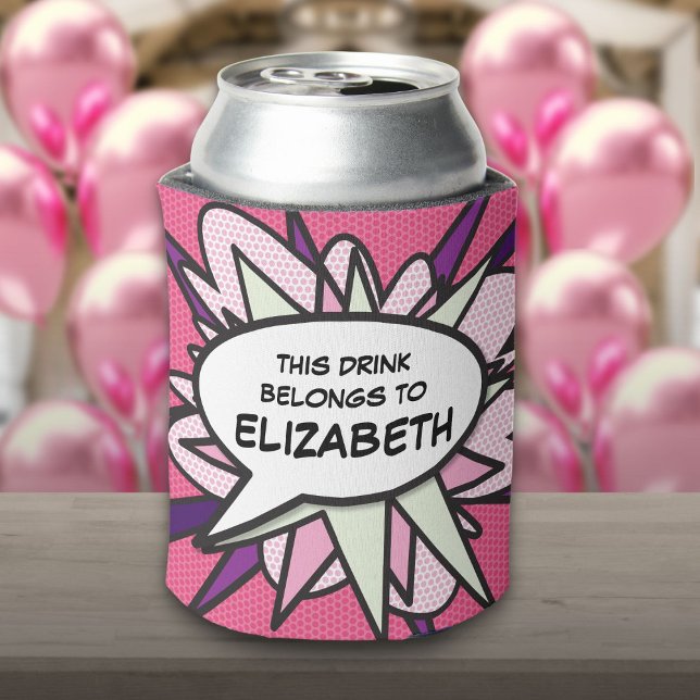 Modern Funny Pink Personalized  Speech Bubble Can Cooler (Modern Funny Pink Personalized Speech Bubble Can Cooler)