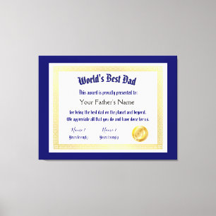 Modern Funny World's Best Dad Certificate  Canvas Print