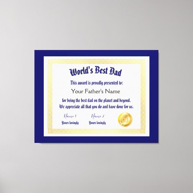 Modern Funny World's Best Dad Certificate  Canvas Print (Front)
