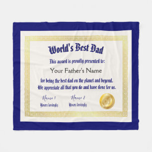 Modern Funny World's Best Dad Certificate  Fleece Blanket