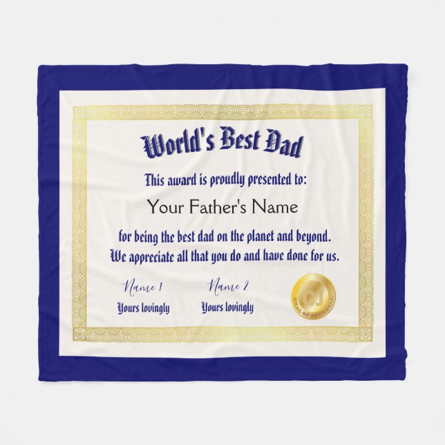 Modern Funny World's Best Dad Certificate  Fleece Blanket (Front (Horizontal))