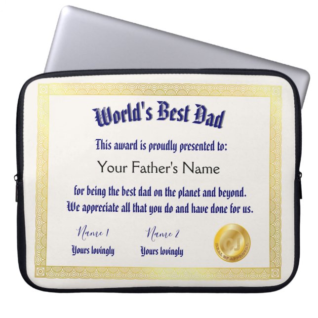 Modern Funny World's Best Dad Certificate  Laptop Sleeve (Front)