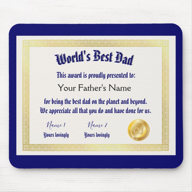 Modern Funny World's Best Dad Certificate  Mouse Pad (Front)