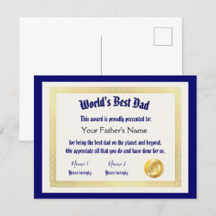 Modern Funny World's Best Dad Certificate Postcard