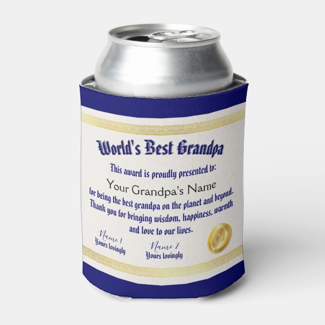 Modern Funny World's Best Grandpa Certificate Can Cooler (Can Front)