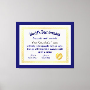Modern Funny World's Best Grandpa Certificate Canvas Print