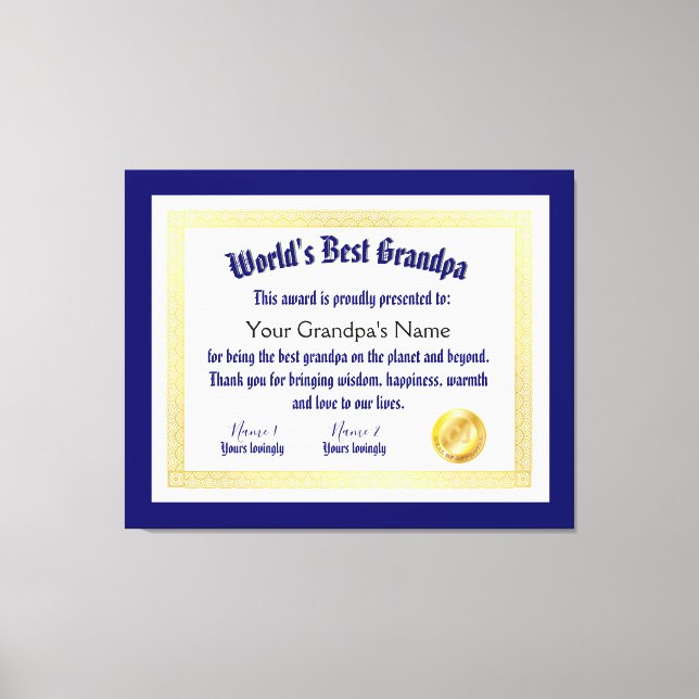 Modern Funny World's Best Grandpa Certificate Canvas Print (Front)