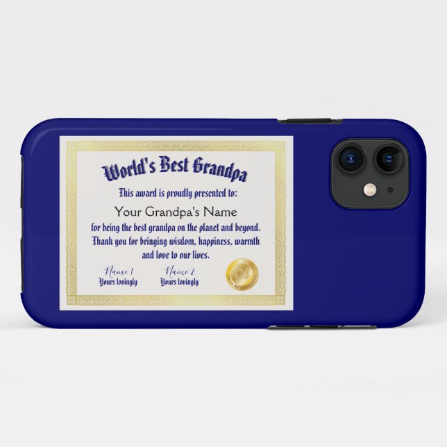 Modern Funny World's Best Grandpa Certificate Case-Mate iPhone Case (Back (Horizontal))