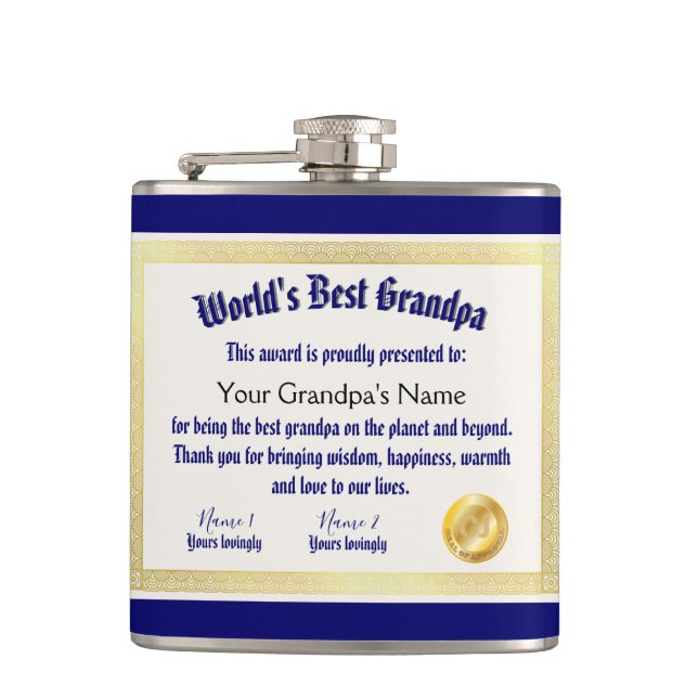 Modern Funny World's Best Grandpa Certificate Hip Flask (Front)