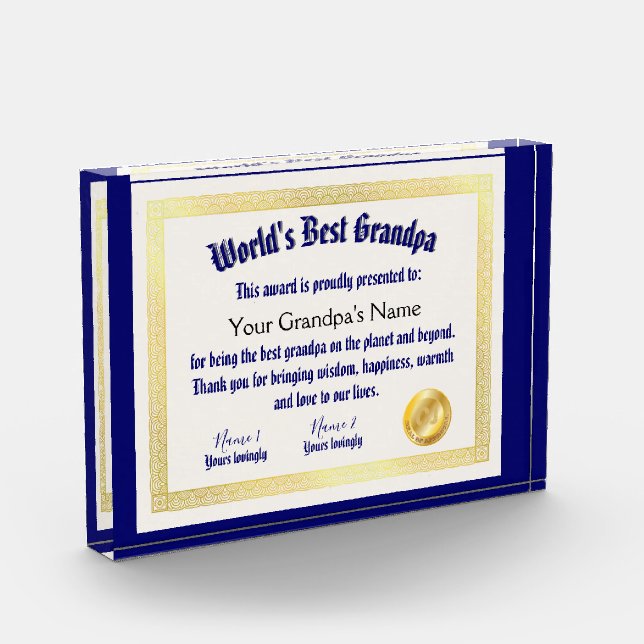 Modern Funny World's Best Grandpa Certificate Photo Block (Left)