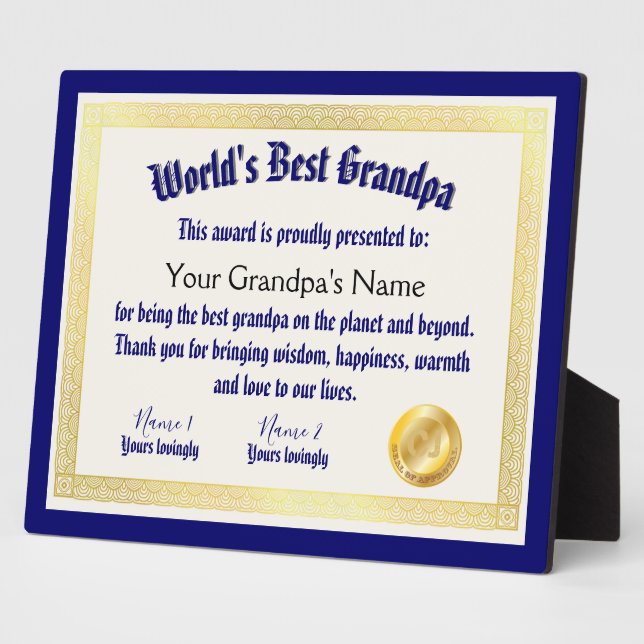 Modern Funny World's Best Grandpa Certificate Plaque (Side)