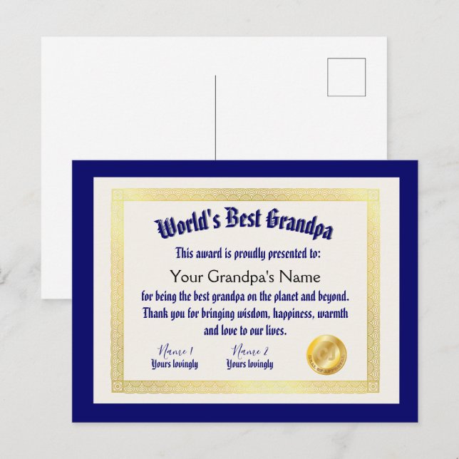 Modern Funny World's Best Grandpa Certificate Postcard (Front/Back)