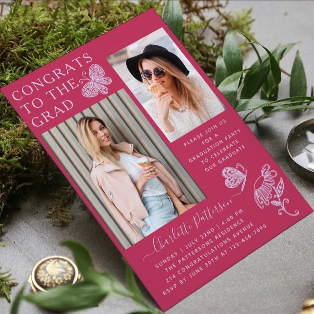 Modern Fuschia Butterfly Photo Graduation Party Invitation (Creator Uploaded)