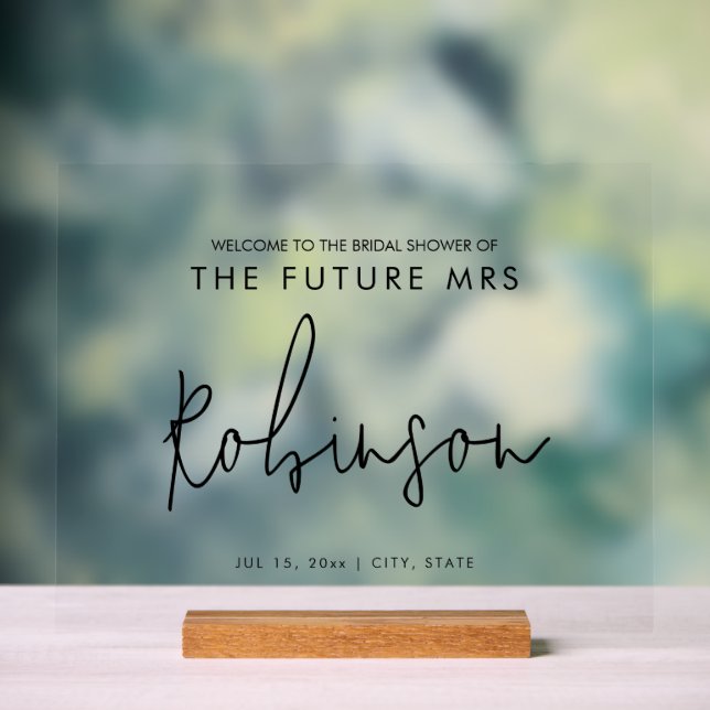 Modern FUTURE MRS Bridal Shower Welcome Black Acrylic Sign (Neutral)