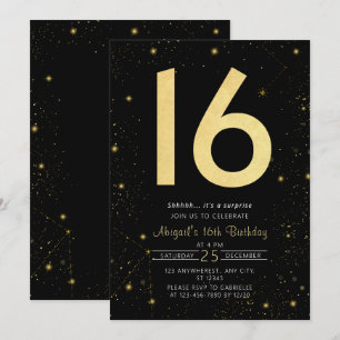 Modern Galaxy Black Gold Sweet 16th Birthday Party Invitation
