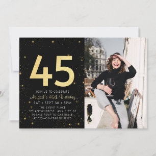Modern Galaxy Photo Black Gold 45th Birthday Party Invitation