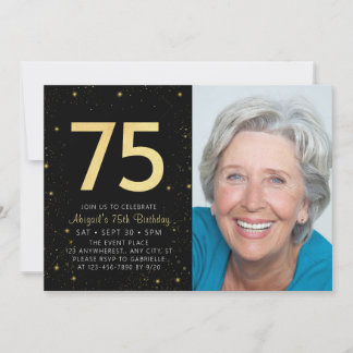Modern Galaxy Photo Black Gold 75th Birthday Party Invitation
