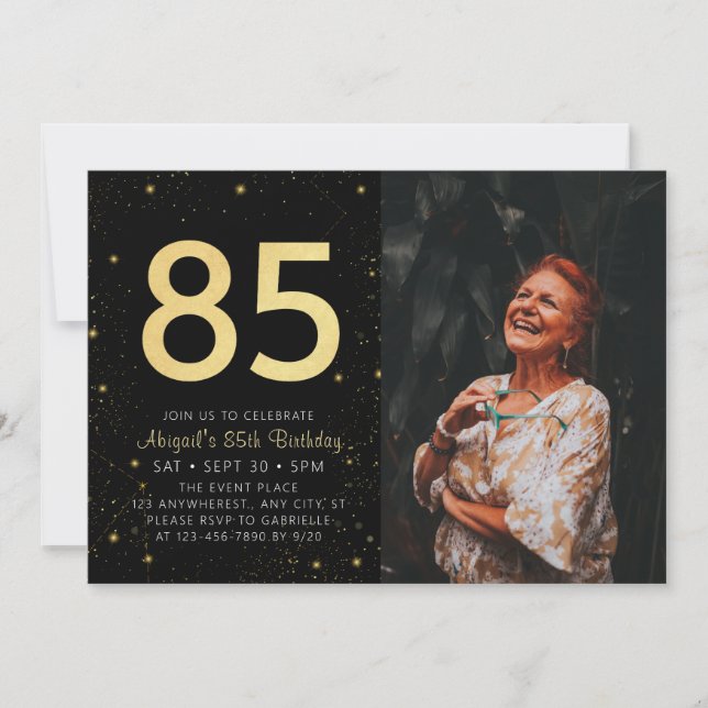 Modern Galaxy Photo Black Gold 85th Birthday Party Invitation (Front)