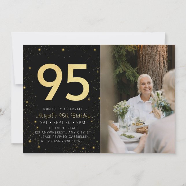 Modern Galaxy Photo Black Gold 95th Birthday Party Invitation (Front)