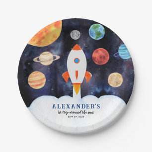 Modern Galaxy Planets Space Rocket Kids Birthday Paper Plate