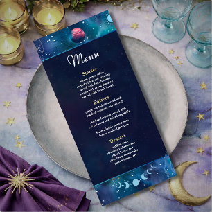 Modern galaxy space moon phases celestial wedding menu