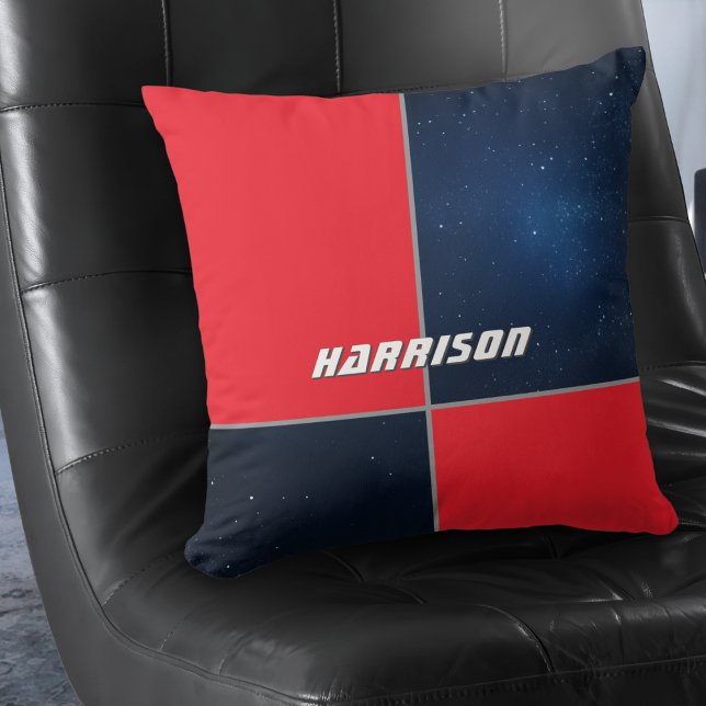 Modern Galaxy Space Red Navy Personalized Throw Pillow (A personalized throw pillow with red and navy space themed design. Ideal for gamers and sci-fi fans)