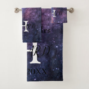 Modern Galaxy Stars Monogram Name Newlyweds Bath Towel Set