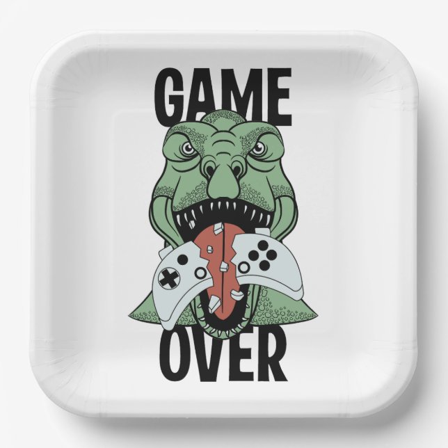Modern Game Over T-Rex Dinosaur Video Gamers'  Paper Plate (Front)