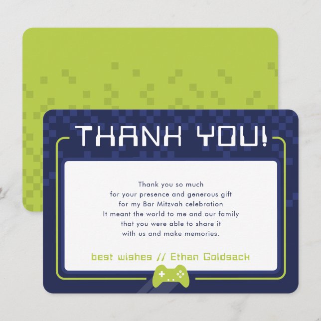 MODERN GAMING THANKS Bar Mitzvah navy blue lime Thank You Card (Front/Back)