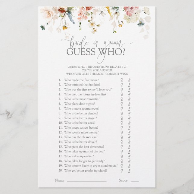 Modern Garden Flowers Script Bride Or Groom Game (Front)