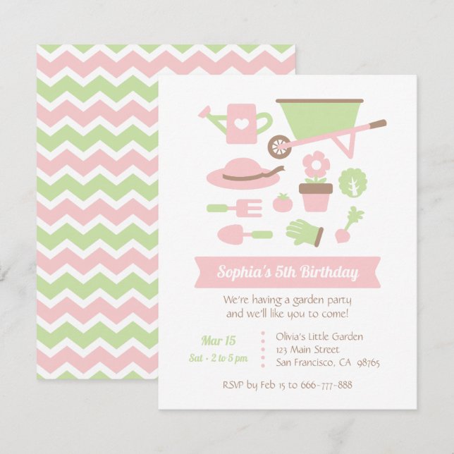 Modern Garden Tools and Plants Birthday Party Invitation (Front/Back)