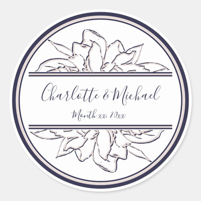 Modern, Gardenia, Navy and Blush, Wedding Classic  Classic Round Sticker (Front)