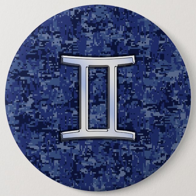 Modern Gemini Zodiac Sign Navy Blue Digital Camo 6 Inch Round Button (Front)