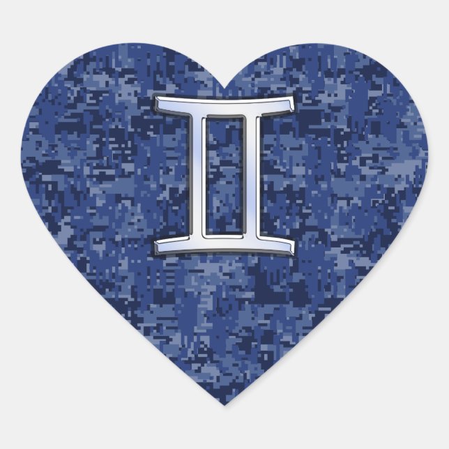 Modern Gemini Zodiac Sign Navy Blue Digital Camo Heart Sticker (Front)
