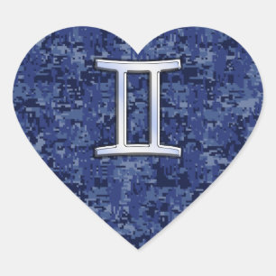 Modern Gemini Zodiac Sign Navy Blue Digital Camo Heart Sticker