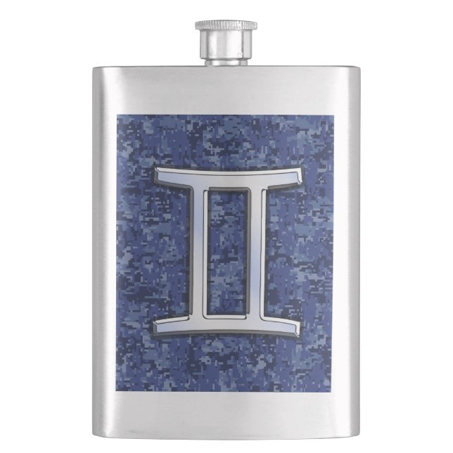 Modern Gemini Zodiac Sign Navy Blue Digital Camo Hip Flask (Front)