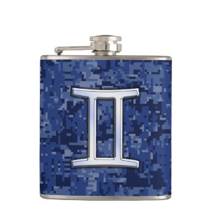 Modern Gemini Zodiac Sign Navy Blue Digital Camo Hip Flask