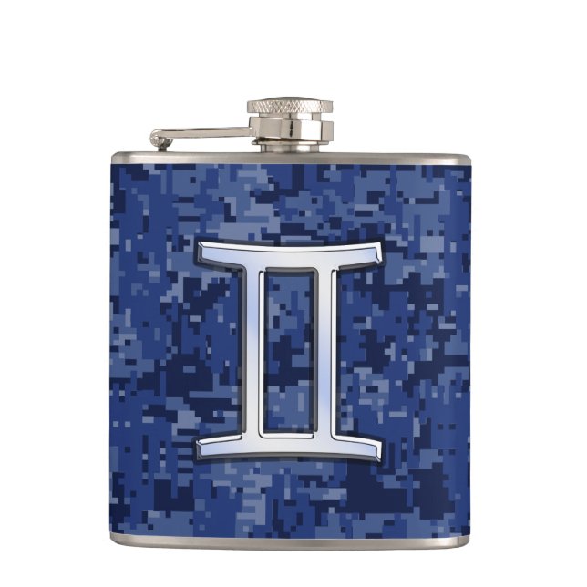 Modern Gemini Zodiac Sign Navy Blue Digital Camo Hip Flask (Front)