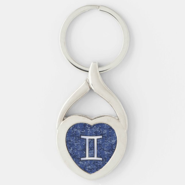 Modern Gemini Zodiac Sign Navy Blue Digital Camo Keychain (Front)