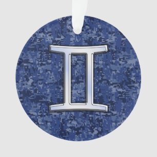 Modern Gemini Zodiac Sign Navy Blue Digital Camo Ornament