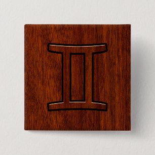 Modern Gemini Zodiac Symbol on Mahogany like print 2 Inch Square Button