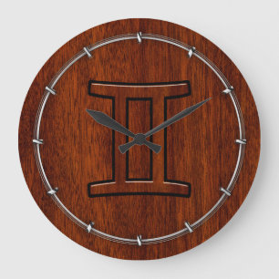 Modern Gemini Zodiac Symbol on Mahogany like print Large Clock