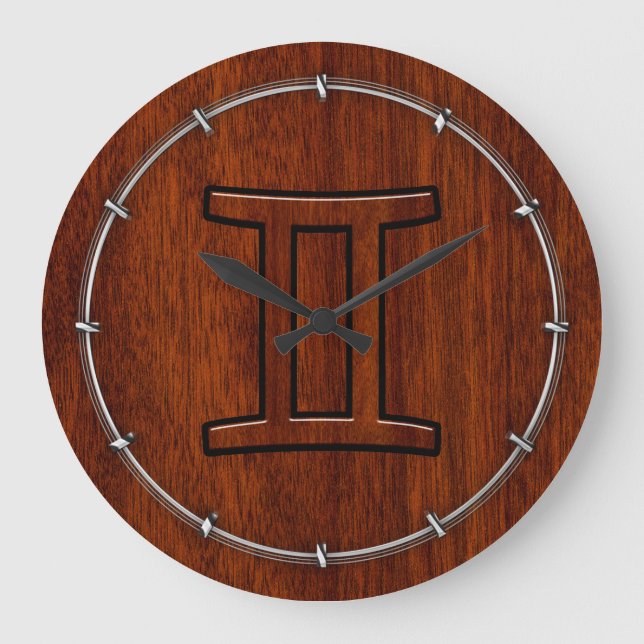 Modern Gemini Zodiac Symbol on Mahogany like print Large Clock (Front)