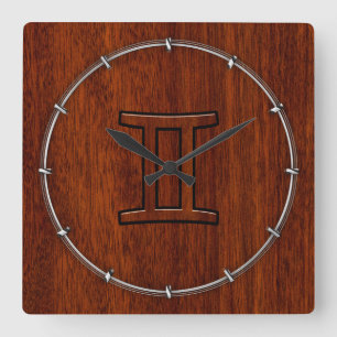Modern Gemini Zodiac Symbol on Mahogany like print Square Wall Clock