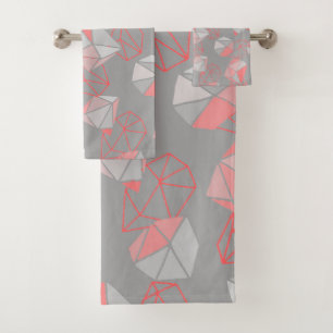 Modern Gems Pattern Grey & Coral  Bath Towel Set