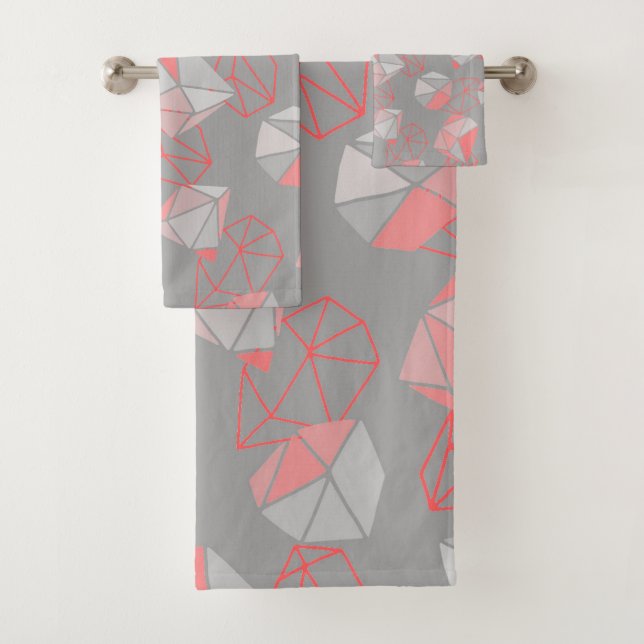 Modern Gems Pattern Grey & Coral  Bath Towel Set (Insitu)