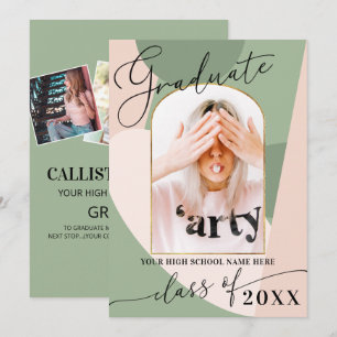 Modern Geo Sage Green Dusty Pink Photo Graduation Announcement