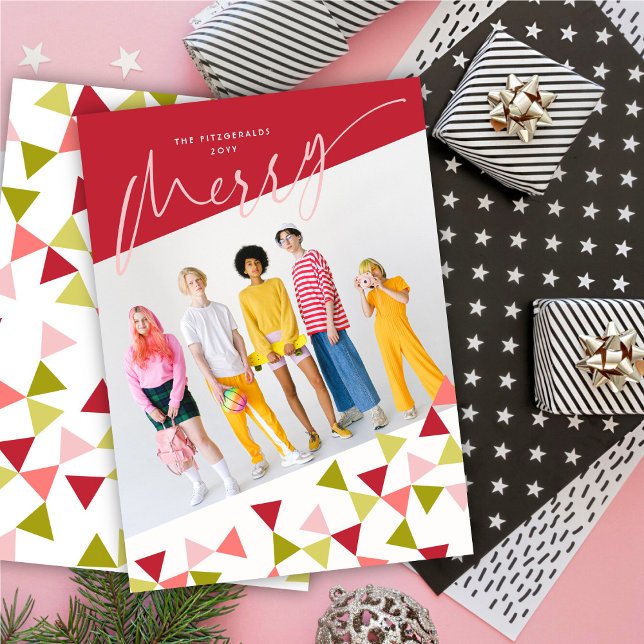 Modern Geo Triangles Pattern Cheers Script Photo Holiday Card (Creator Uploaded)