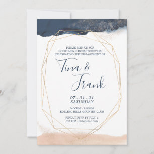 Modern Geometr Blue and Gold Engagement Invitation